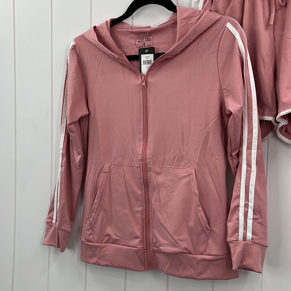 πLydaa Athletic Jacket & Short Set Pink & White W/Pockets & Stripes S,M,L & XL - Picture 9 of 10